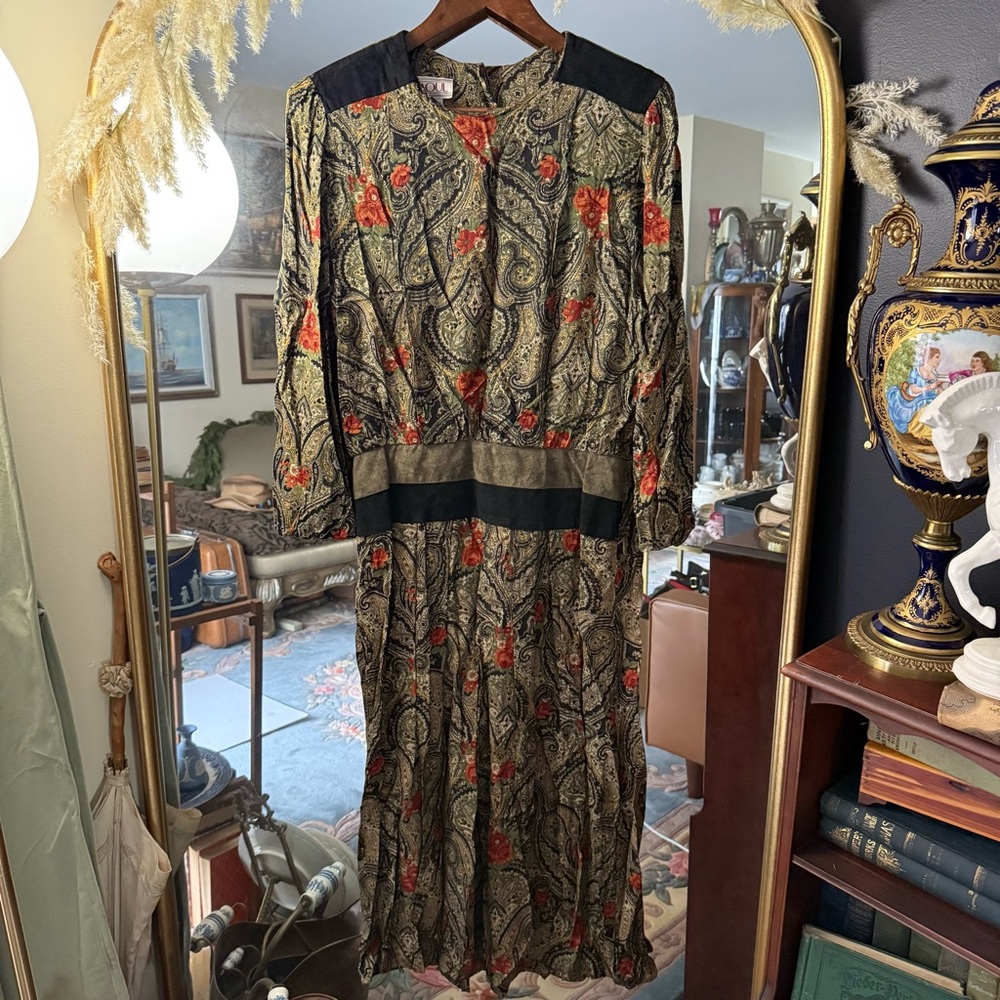Raoul Black, Sage Green, and Orange Floral Paisley Long Sleeve Drop Waist Dress